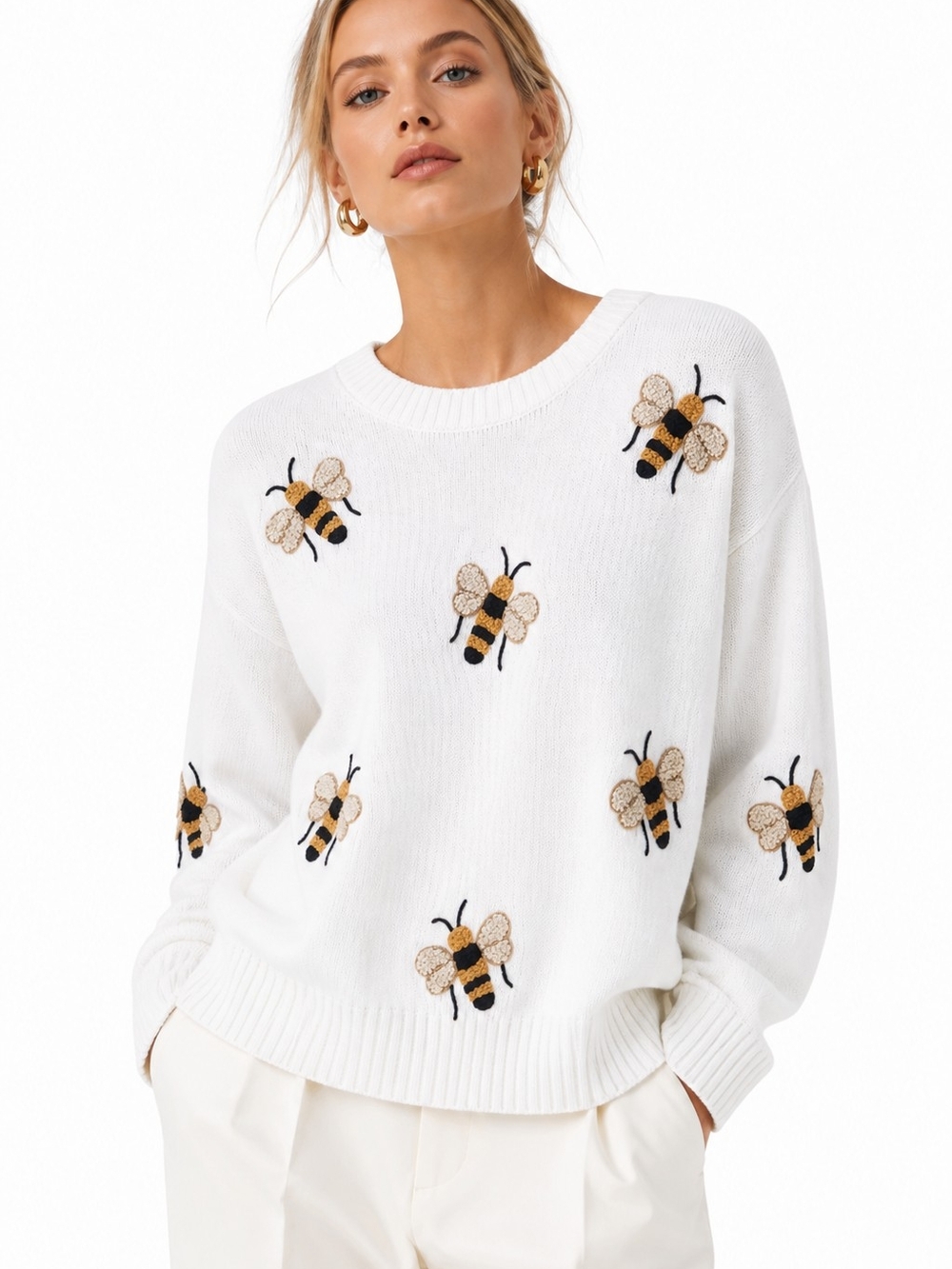 Gabby Isabella Bee Sweater Embroidered Knit ivory white Cream XL